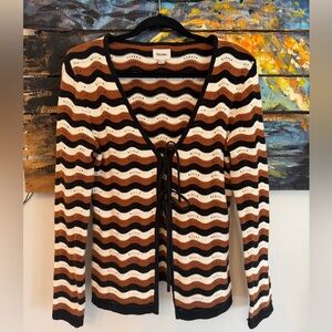 Rhythm. Wave-Stripe Lace-Up Cardigan in Brown, Black & Cream